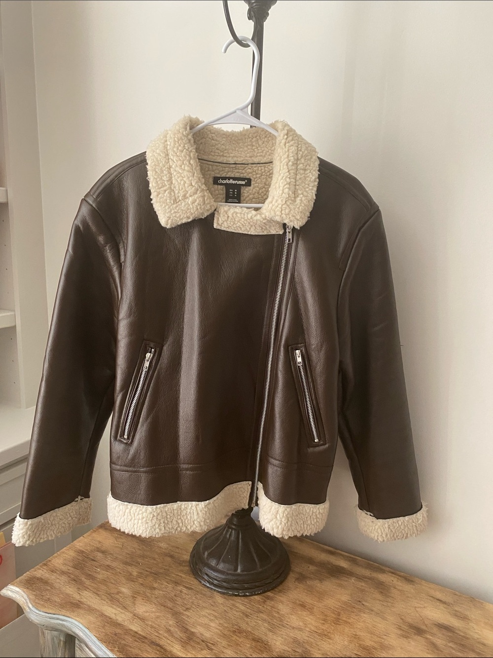 Charlotte Russe Faux Leather Sherpa Aviator Bomber Jacket Brown